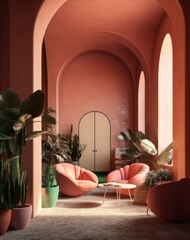 Conceptual 3d render of a designer room, lounge, minimalist style, concept with calm colors and round architecture.