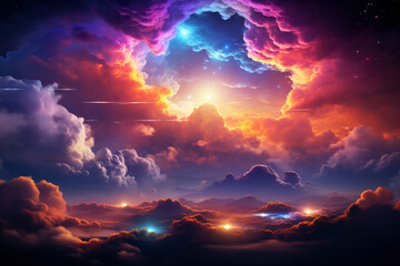 Space sky with stars and pink clouds, futuristic abstract background