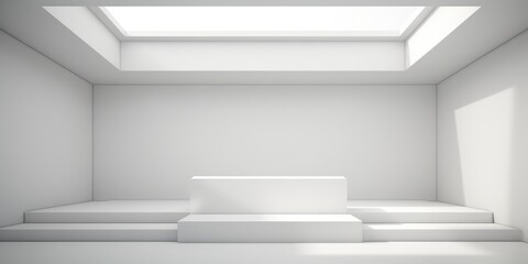 Abstract empty white podium on white background with shadow. Mock up stand for product presentation. Minimal concept. Display product, generative ai