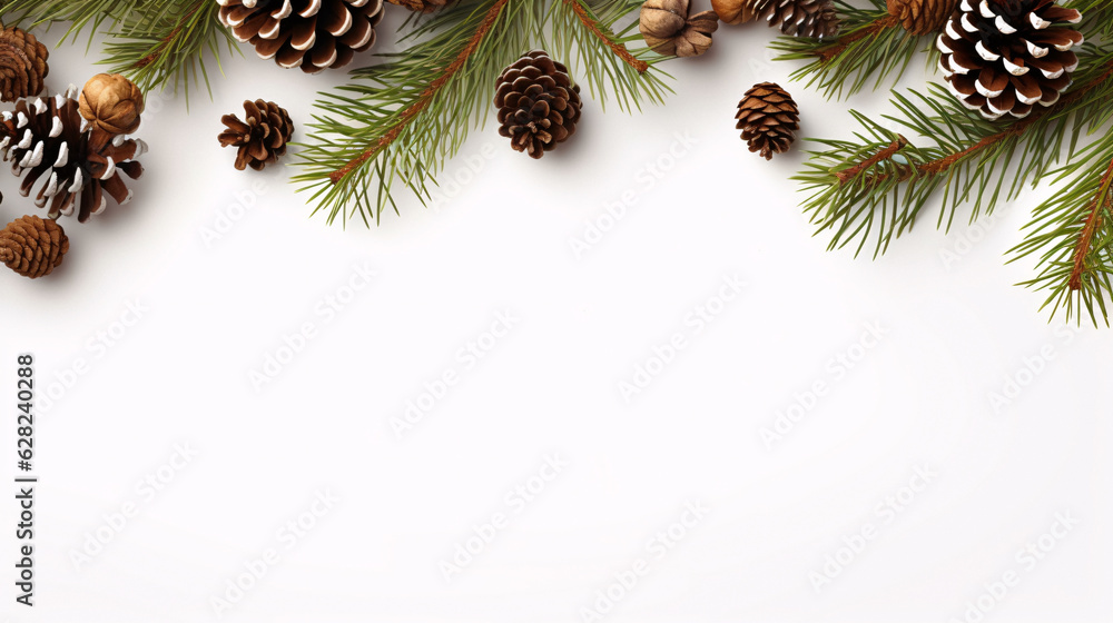 Poster pine cones and pine branches on white background with copy space - generative ai