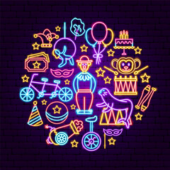 Circus Neon Concept. Vector Illustration of Entertainment Festival Glowing Objects.