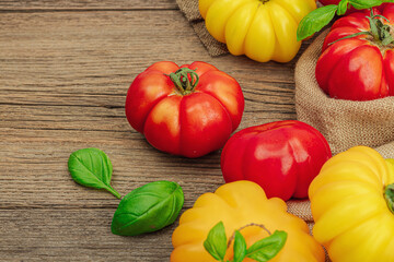 Colorful Heirloom tomato harvest. Ripe ribbed vegetables with fresh basil leaves. Wooden background