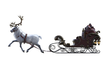 A white reindeer pulling a Christmas sleigh with a bag of gifts