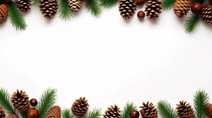 Fototapeta na wymiar Beautifully Decorated Christmas Border with Pine Cones and Pine Branches, Created by Generative AI