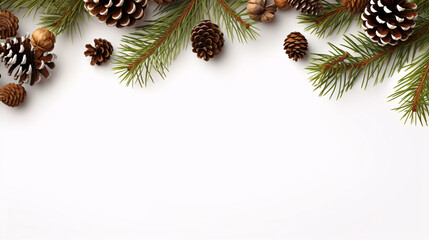 Pine Cones and Pine Branches on White Background with Copy Space - Generative AI