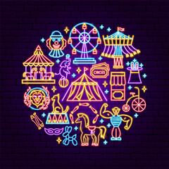 Circus Show Neon Concept. Vector Illustration of Entertainment Festival Glowing Objects.
