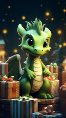 Cartoon 3D smiling happy green dragon symbol of 2024 year with Santa hat and christmass gift boxes on bokeh background,copy space.vertical photo.
