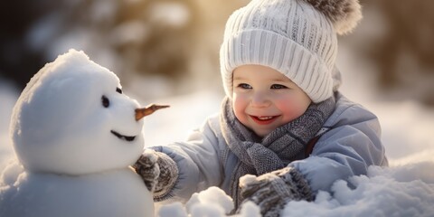 Cute Baby boy and snowman in winter background. Kid during stroll in a snowy winter park. Active outdoors leisure with family with children in winter, generative ai