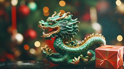Fototapeta premium Green dragon statue symbol of 2024 year with christmass gift boxes on bokeh background,copy space.Generated by AI.
