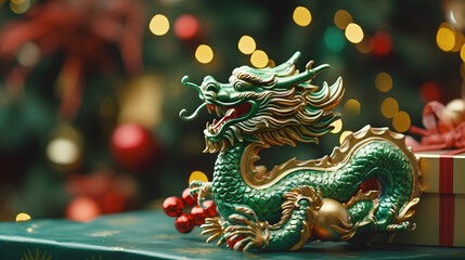 Fototapeta premium Green dragon statue symbol of 2024 year and christmass gift boxes on bokeh background,copy space.Generated by AI.