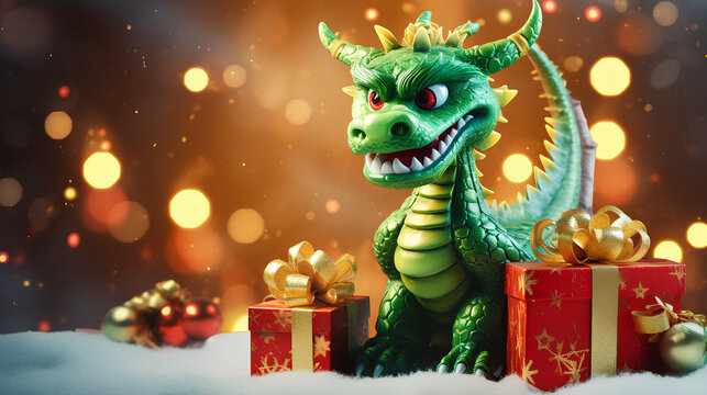 Positive happy green Dragon symbol of 2024 year and a lot of christmass gift boxes on bokeh background,copy space.Generated by AI.