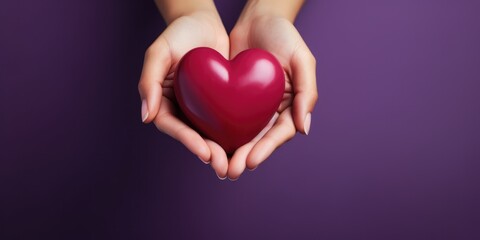 Young women hands holding red heart on purple background, health care, donate and family insurance concept,world heart day, world health day, CSR responsibility, adoption foster family, generative ai
