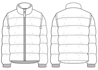 Puffer jacket design flat sketch Illustration front and back view vector template, Quilted  Puffa winter Jacket for men and women