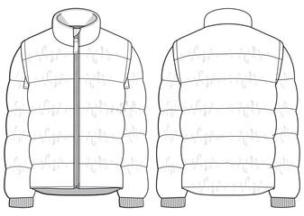 Puffer jacket design flat sketch Illustration front and back view vector template, Quilted  Puffa winter Jacket for men and women © Fathima Flats