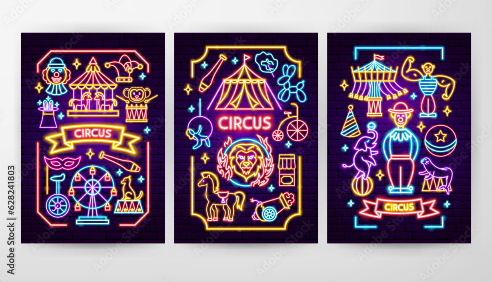 Wall mural Circus Flyer Concepts. Vector Illustration of Entertainment Festival Glowing Posters.