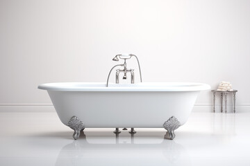 A white bathtub on silver legs in a bright white room