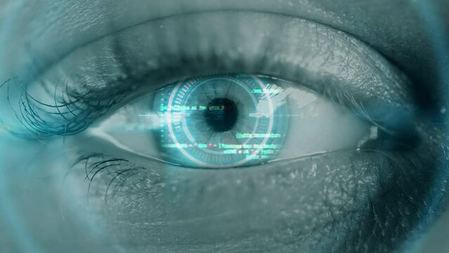 Blue digital eye with binary code. Future innovation AI artificial intelligence hi-tech technology. Neural network or machine learning sci-fi abstract background. Virtual reality and big data concept