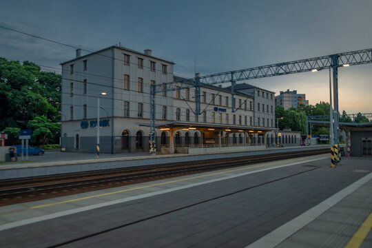 View from night train from Bohumin to Leba and Hel in Rybnik Poland 07 21 2023