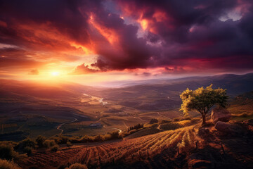The golden rays of the setting sun envelope the landscape, painting the sky with hues of orange, pink, ai generated.