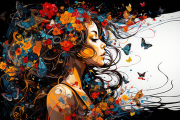 Obraz premium woman, The artwork depicts this moment in a whimsical style, combining elements of digital painting and ink sketching, ai generated. 