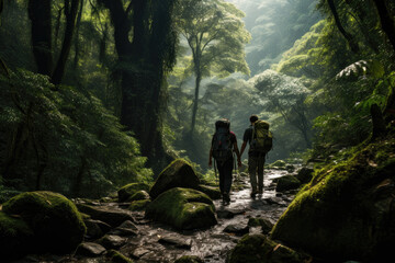 hyper-realistic of a Friendship Day adventure, two friends embark on a mid-journey hike through a dense forest, ai generated.