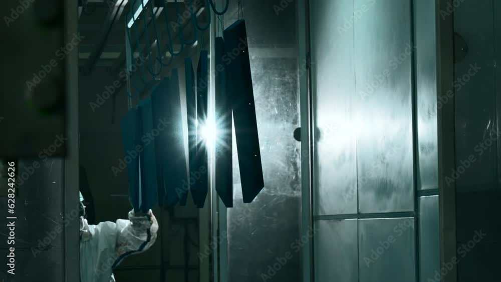 Poster worker at a factory moving a line of metal sheets. creative. man in suit using a steel stick to push