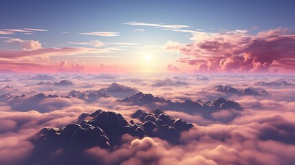 AI Generated. AI Generative. Sky clouds air drone view soft pink color background landscape. Adventure trip travel outdoor fly. Soft pink red colors 