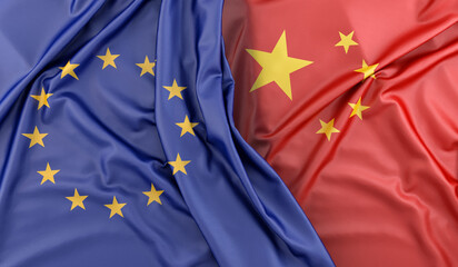 Ruffled Flags of European Union and China. 3D Rendering