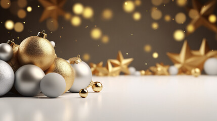 Fototapeta premium Beautifully Decorated Christmas Table with an Abundance of Colorful Balls and Shimmering Gold Stars, Generative AI