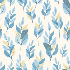 Vector illustration. Seamless pattern of blue, beige leaves, floral pattern on a light beige background, pastel colors. Printing for textiles, fabrics, wallpaper, packaging, product design.
