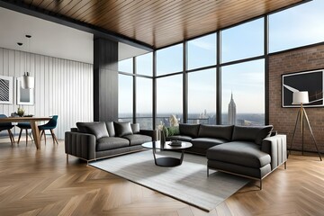 Premium luxury apartment with a free layout in a loft style in dark colors. Stylish modern room area with wooden floor parquet