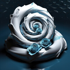 Surreal and abstract concept of spiral flowers with serpentine figure. Composition of snake shapes with flowers in white and blue. Unique and surreal concept in iconographic style. Generative AI