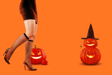 Halloween pin up background. Witch legs. Female wizard, shoes, pumpkins