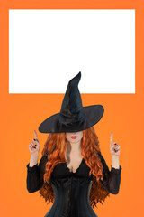 Witch on Halloween pointing with index finger. Female wizard fairy character for All Saints' Day. Fantasy gothic red-haired Vampire girl in black dress carnival costume.