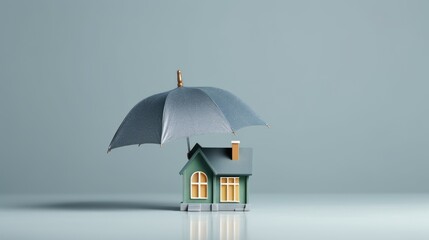 home insurance concept. grey background, house under an umbrella. Assurance and insurance: real estate and property, family and life.