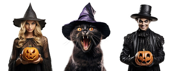 Halloween witch, cat and vampire isolated on transparent background - Fictional Person, Generative AI