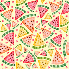 Watercolor seamless pattern with hearts and slices of watermelon. Hand drawn illustration.