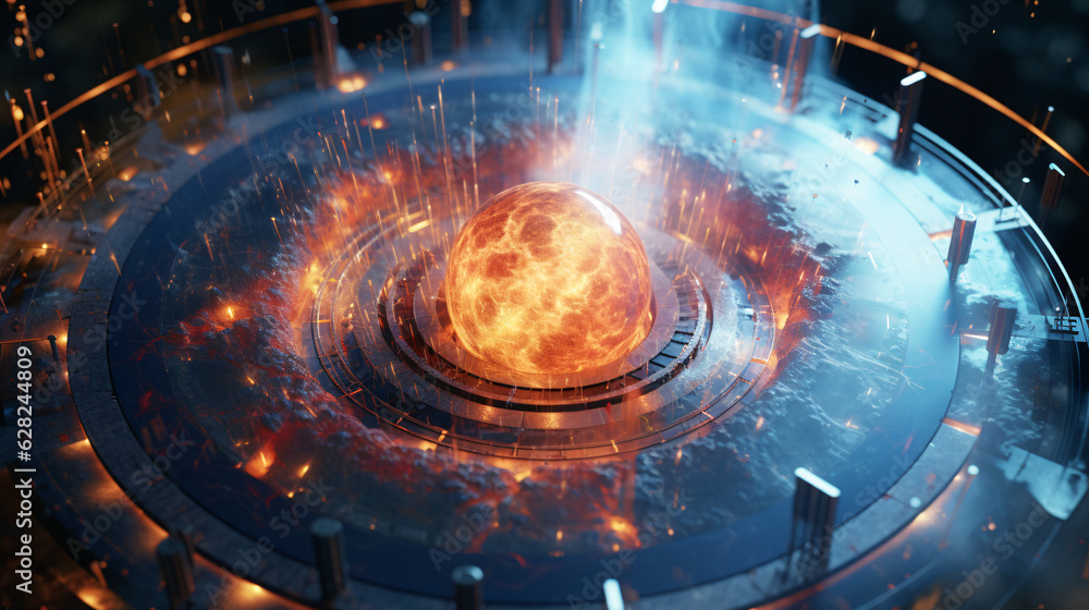 Poster captivating close-up of fiery ball encased in circular object, generated by generative ai