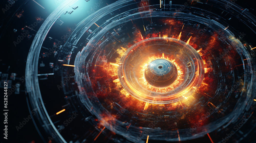 Poster mesmerizing close-up of a glowing eye in the center of a spiral, created by generative ai