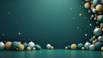 Vibrant Close-Up of Green Background with Shimmering Gold and Silver Balls, Generative AI