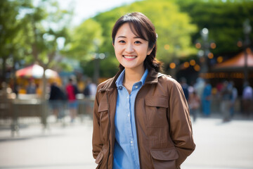 A Chinese woman smiling with short brown hair, blurry background