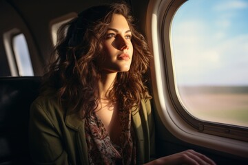 Fototapeta na wymiar a beautiful american caucasian white brunette female model flying in airplane and looking out of the window porthole. plane passenger sitting on seat. first class flying. Generative AI