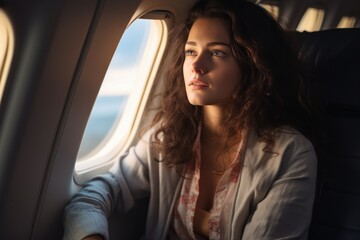 a beautiful american caucasian white brunette female model flying in airplane and looking out of the window porthole. plane passenger sitting on seat. first class flying. Generative AI
