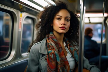 Obraz na płótnie Canvas a close-up face beautiful black african american model passenger woman driving a public transport subway metro train. people in background. sitting on a seat. drive to railway station. Generative AI