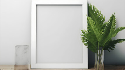 In the white space, there is an empty picture frame with a green plant next to it, showcasing an interior space design