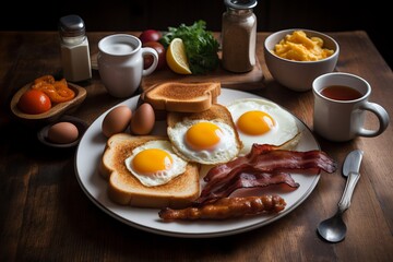Illustration of a delicious and hearty breakfast plate with eggs, bacon, toast, and various breakfast foods, created using generative AI