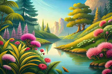 River in the forest with flowers and trees. Ai generative