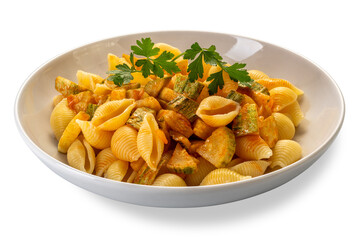 Conchiglie rigate pasta. Macaroni in shape of ridged shell with courgette and tomato sauce with parsley leaves in white dish isolated