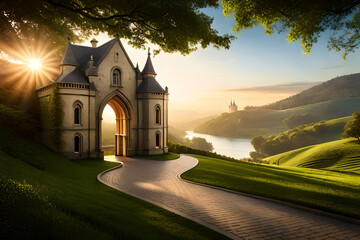 Way to the castle landscape. Ai generative