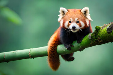 Red panda on tree playing. Ai generative